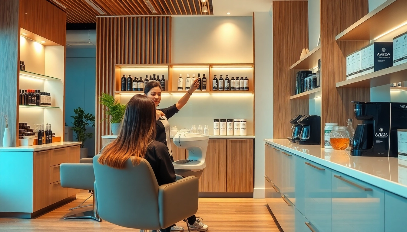 A vibrant salon scene at addendum salon, showcasing expert hair coloring services with Aveda products in a stylish environment.