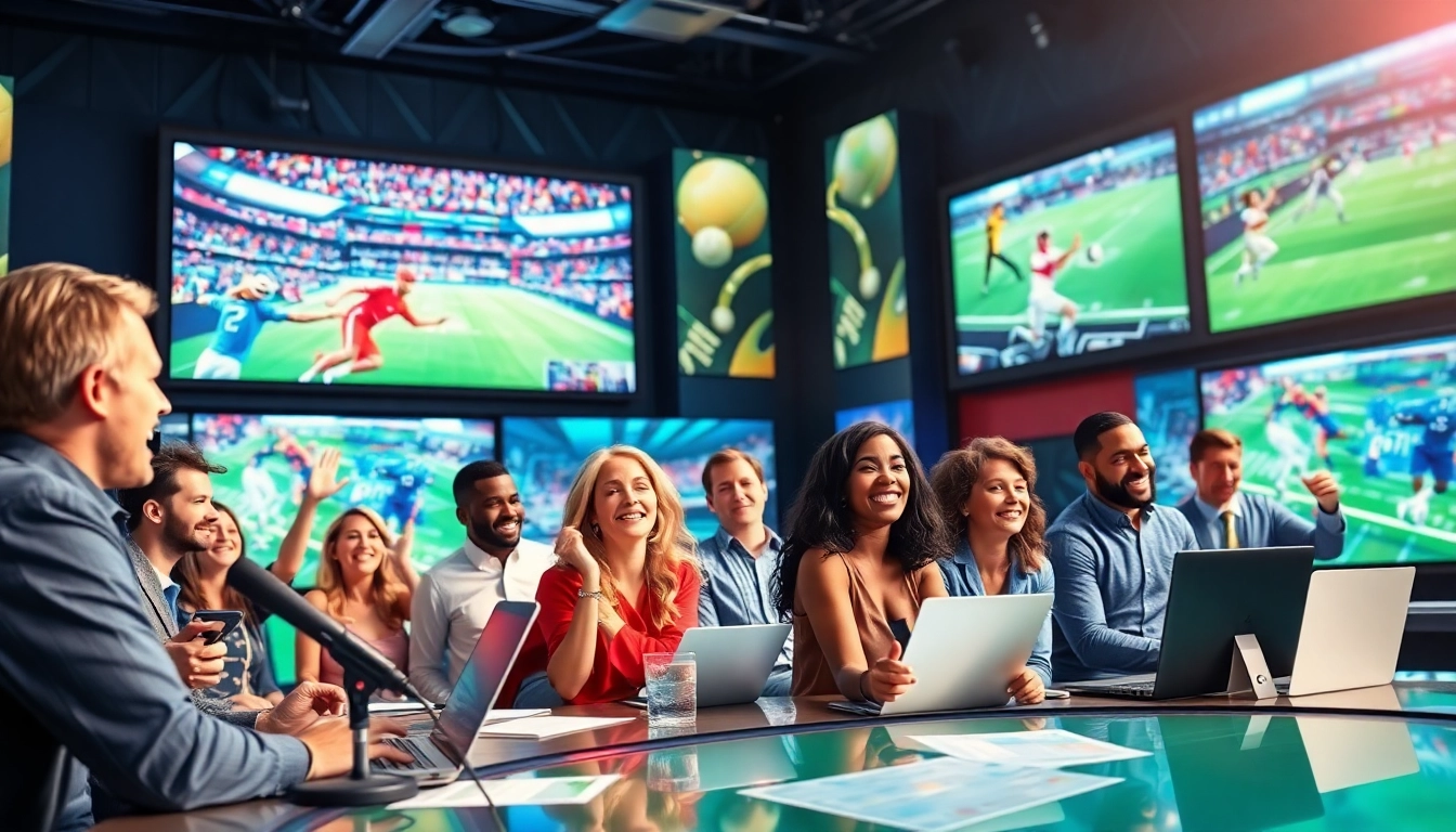 Engaging sports broadcasting studio scene featuring diverse anchors during live coverage.