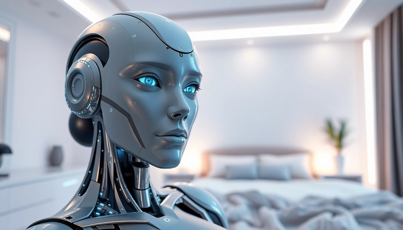 Futuristic sex bot demonstrating advanced AI features in a modern bedroom.
