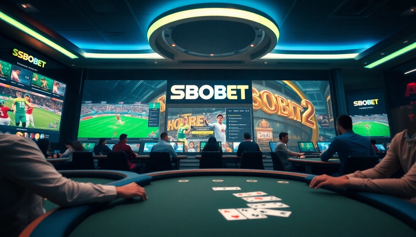 SBOBET online gambling experience showcasing vibrant sports betting and poker elements.