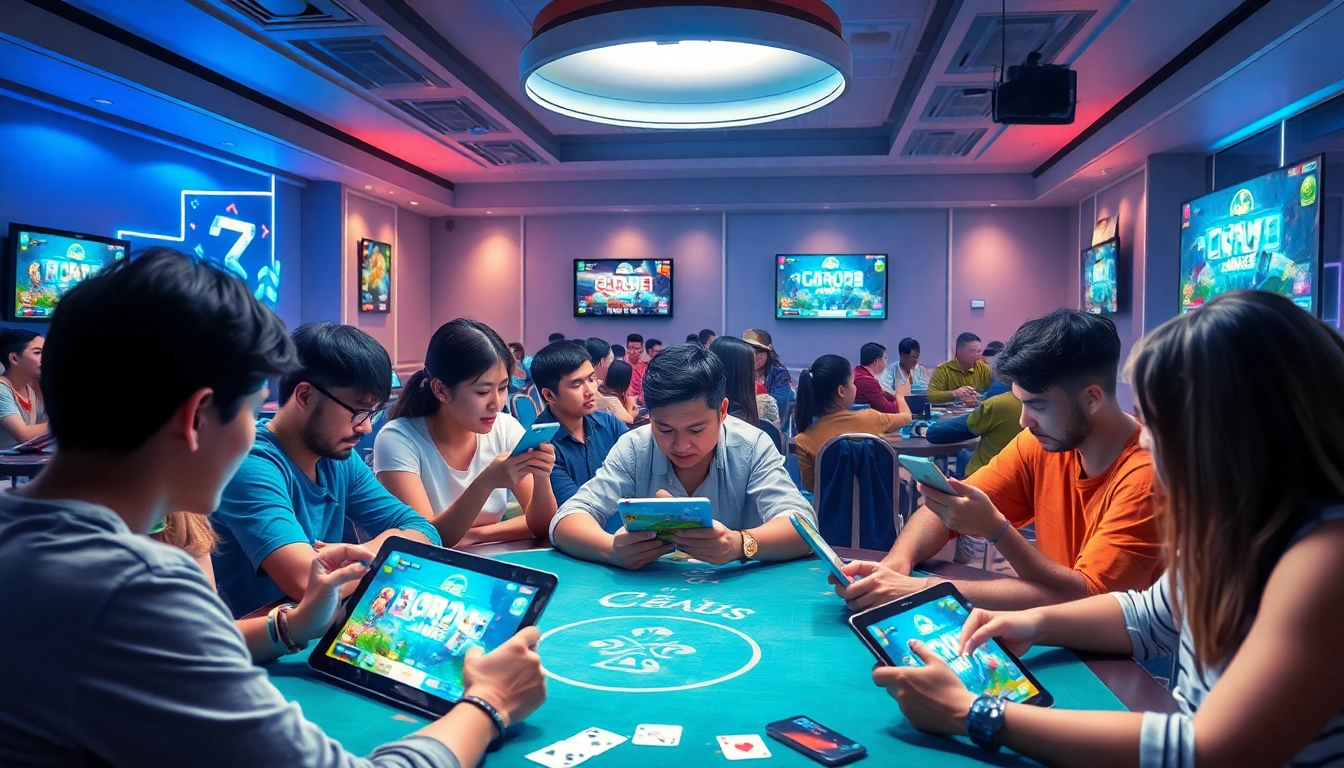 Exciting online gaming scene from gamebaidoithuong.com.vc with players engaged in various card games.