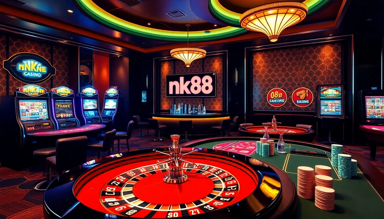Nk88 casino features an exciting online gaming atmosphere with roulette wheels and poker tables.