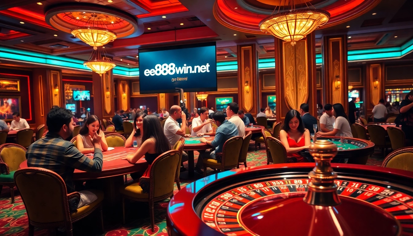 Exciting casino scene with players celebrating wins at ee88win.net, showcasing poker tables and roulette.