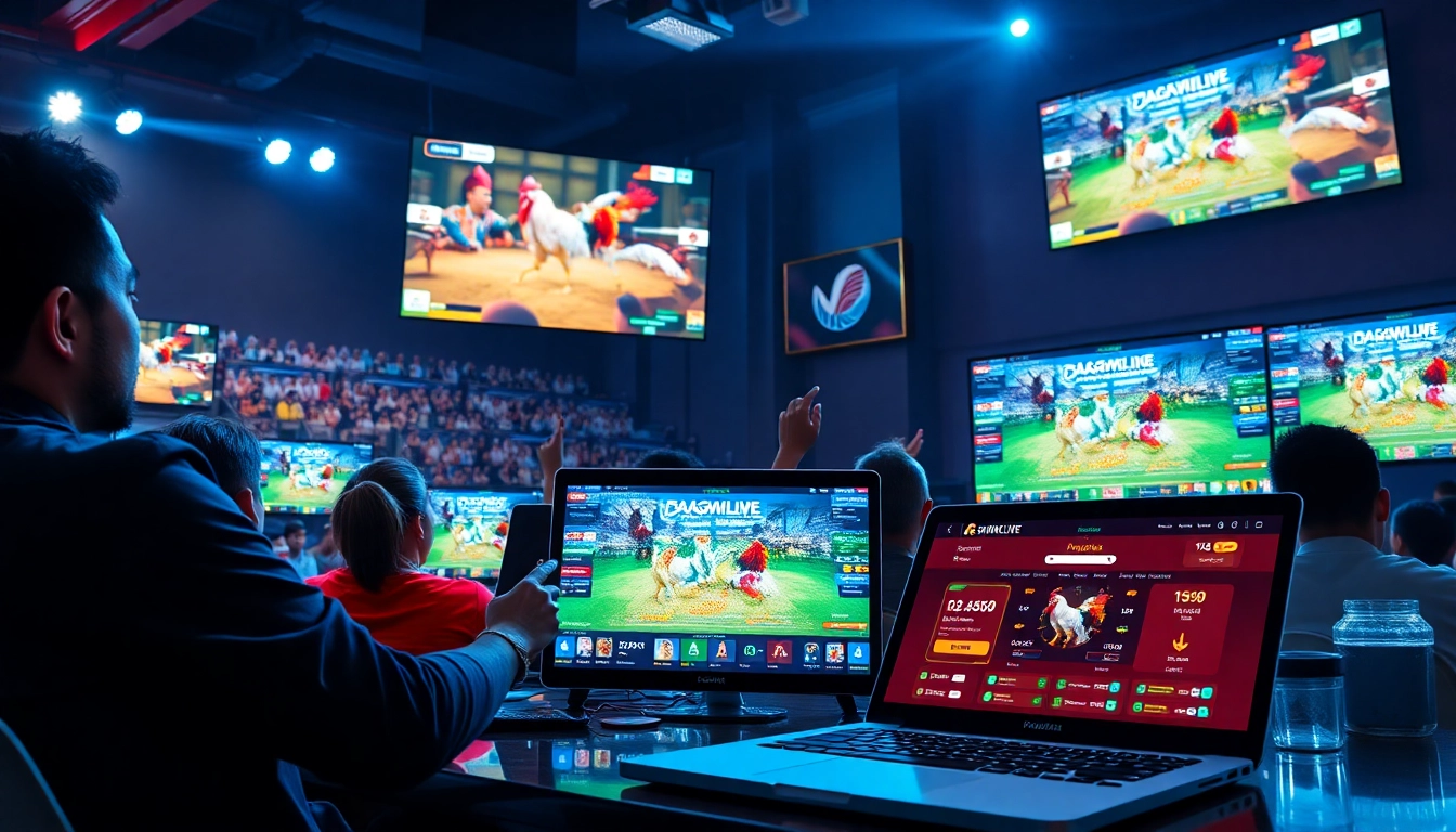 Exciting live cockfighting event streaming on dagawin.live, showcasing vibrant betting activities.