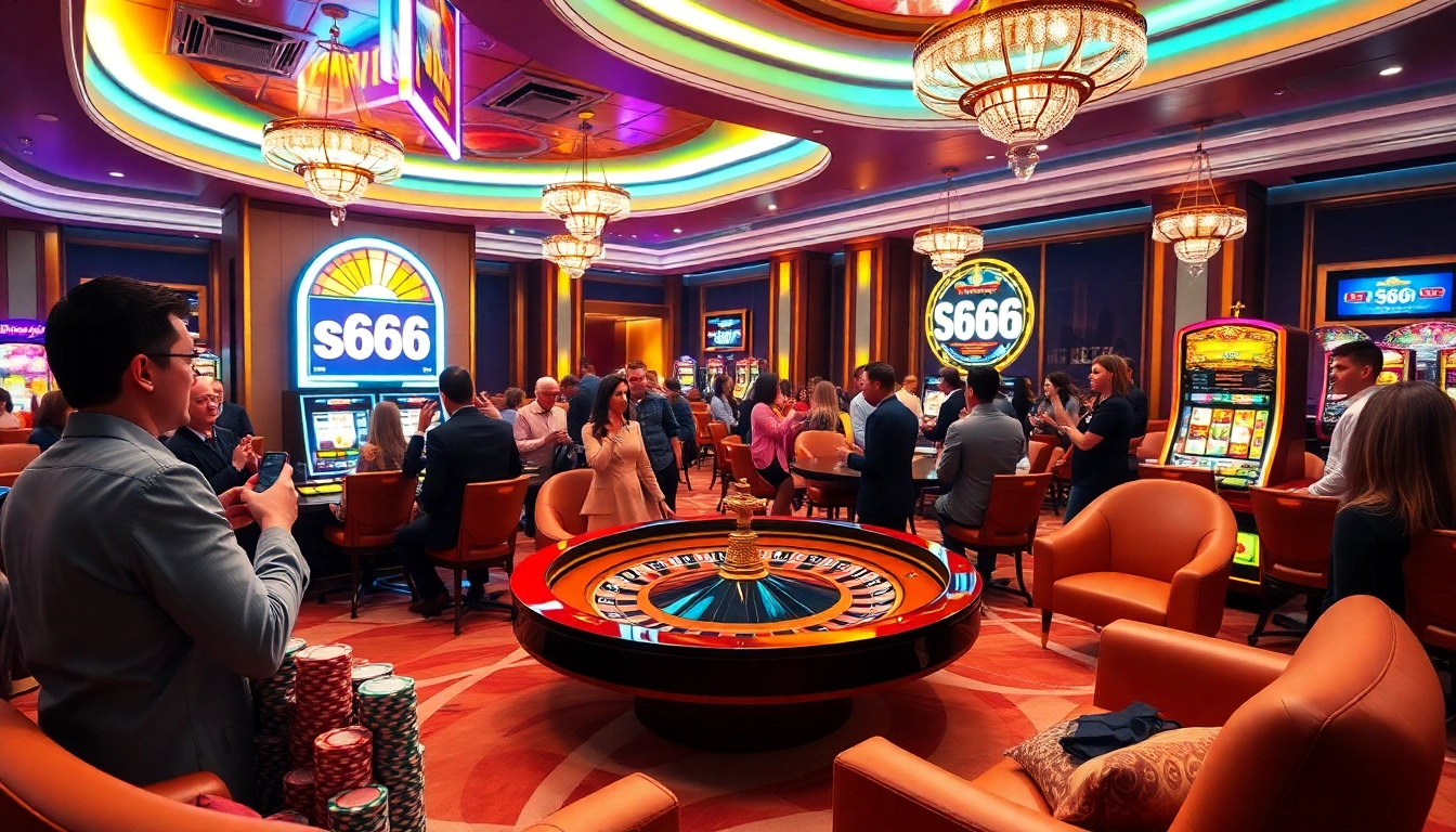 S666 casino action with players at a roulette table and vibrant slot machine excitement