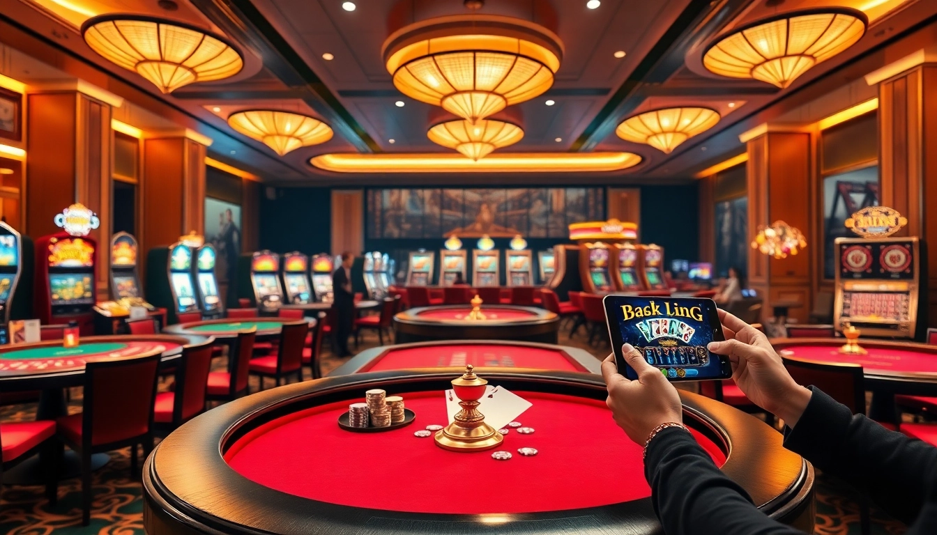 Engage with the thrill of gambling at tr88 trang chủ with luxury casino tables, vibrant slot machines and players betting.